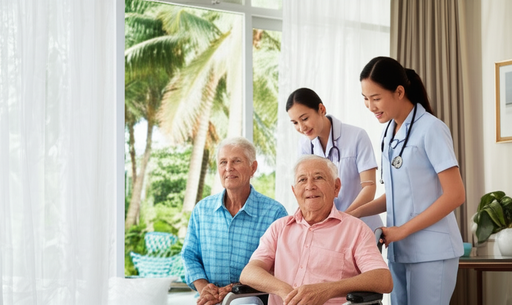 Older white couple receiving care from nurses in a beautiful room with garden view